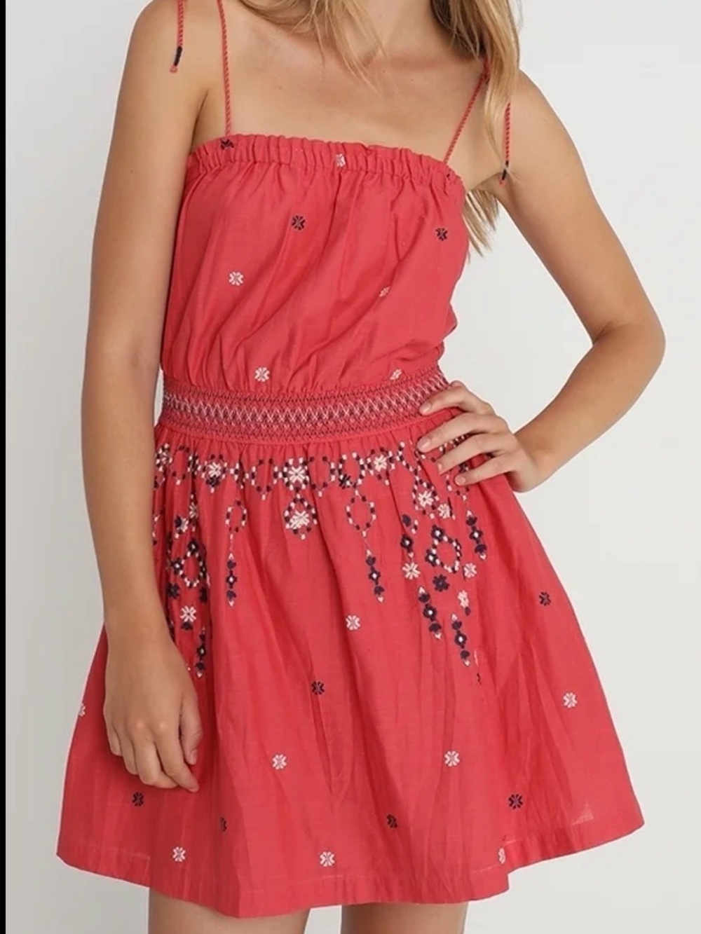 Abercrombie & Fitch Coral Pink Embroidered Mini Dress Large Floral Cottagecore
